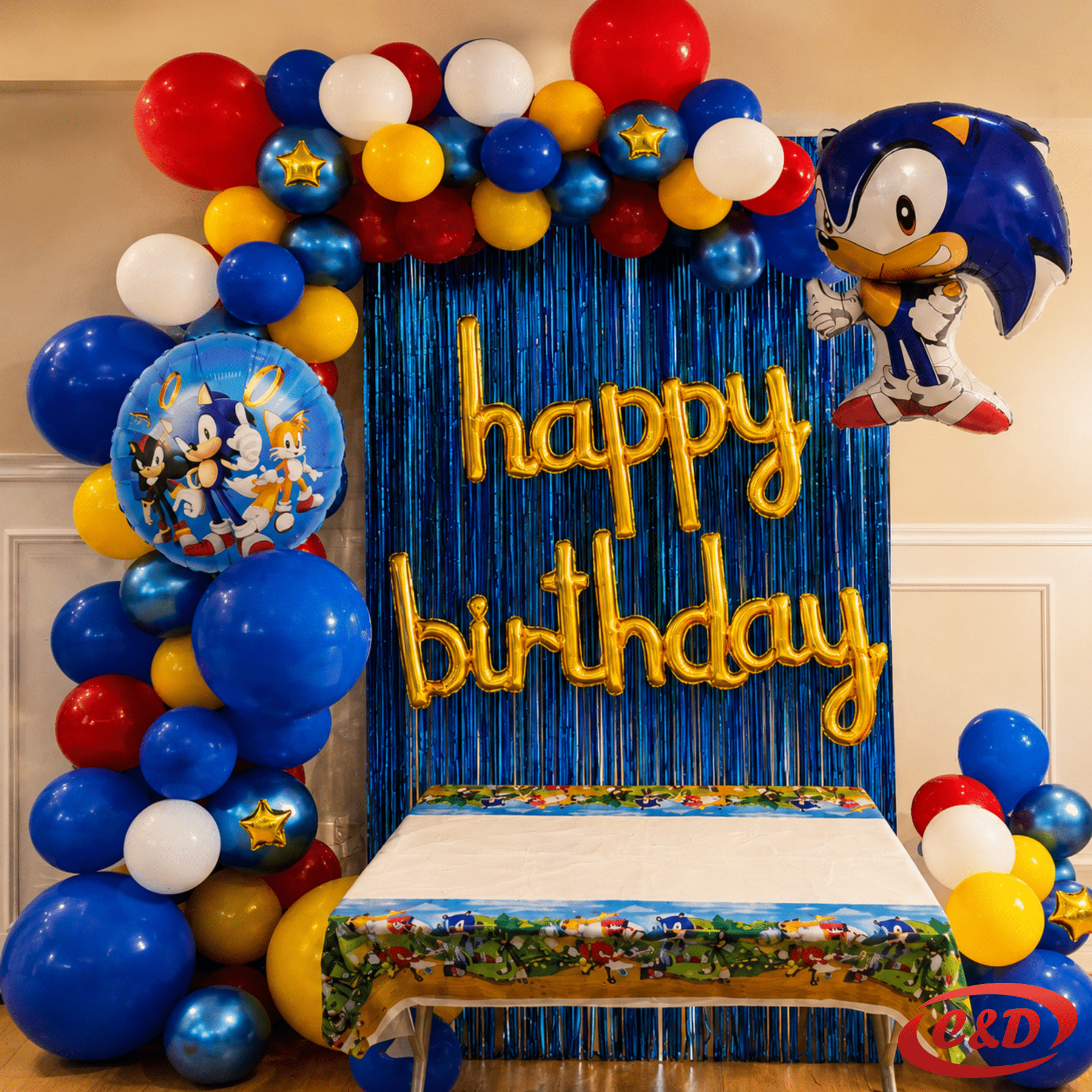 Party set za balon luk Sonic s latex i folijskim balonima, Happy Birthday natpisom i dekoracijom