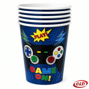 Papirnate čaše s motivom Game On u plavoj i crnoj boji, zapremnine 240 ml