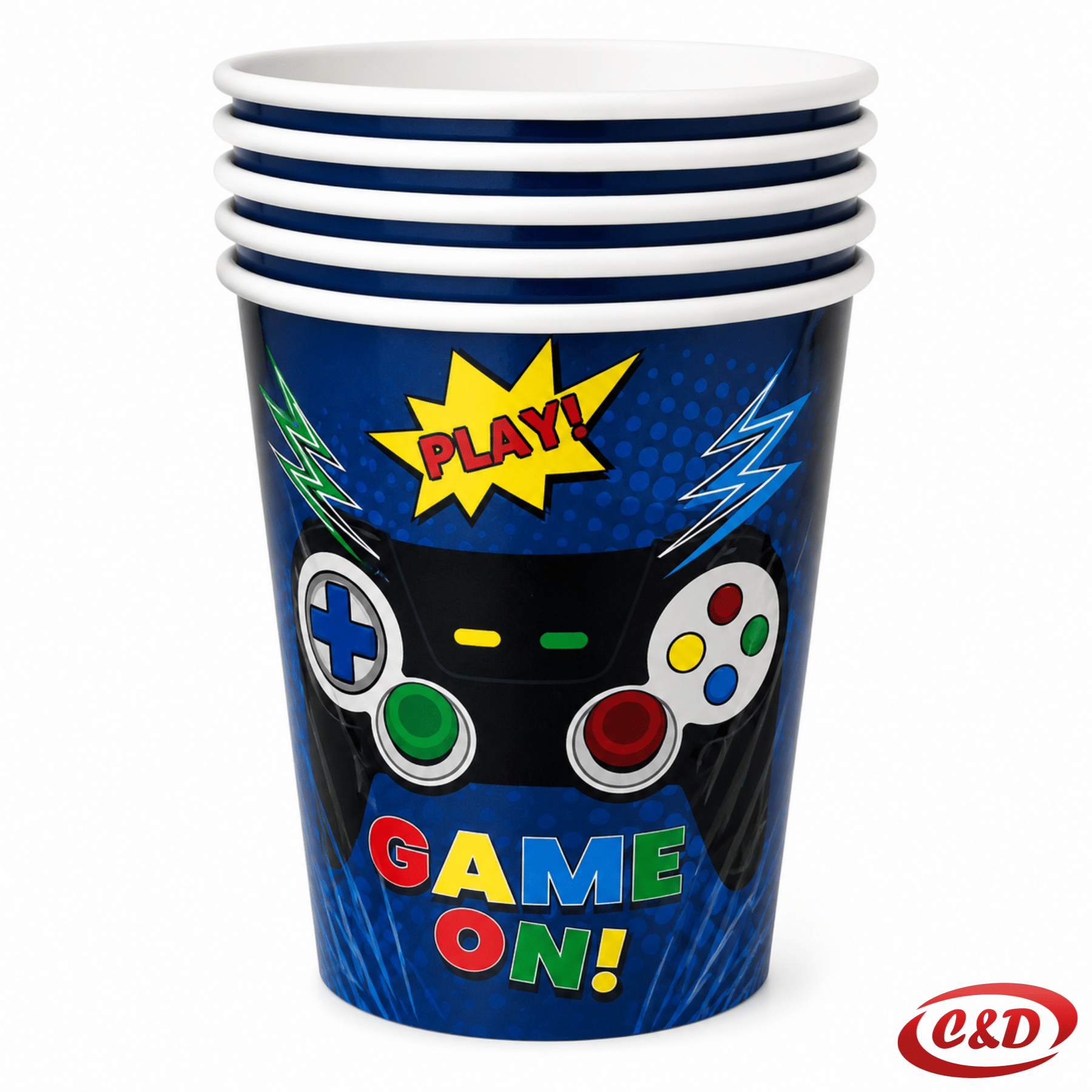 Papirnate čaše s motivom Game On u plavoj i crnoj boji, zapremnine 240 ml