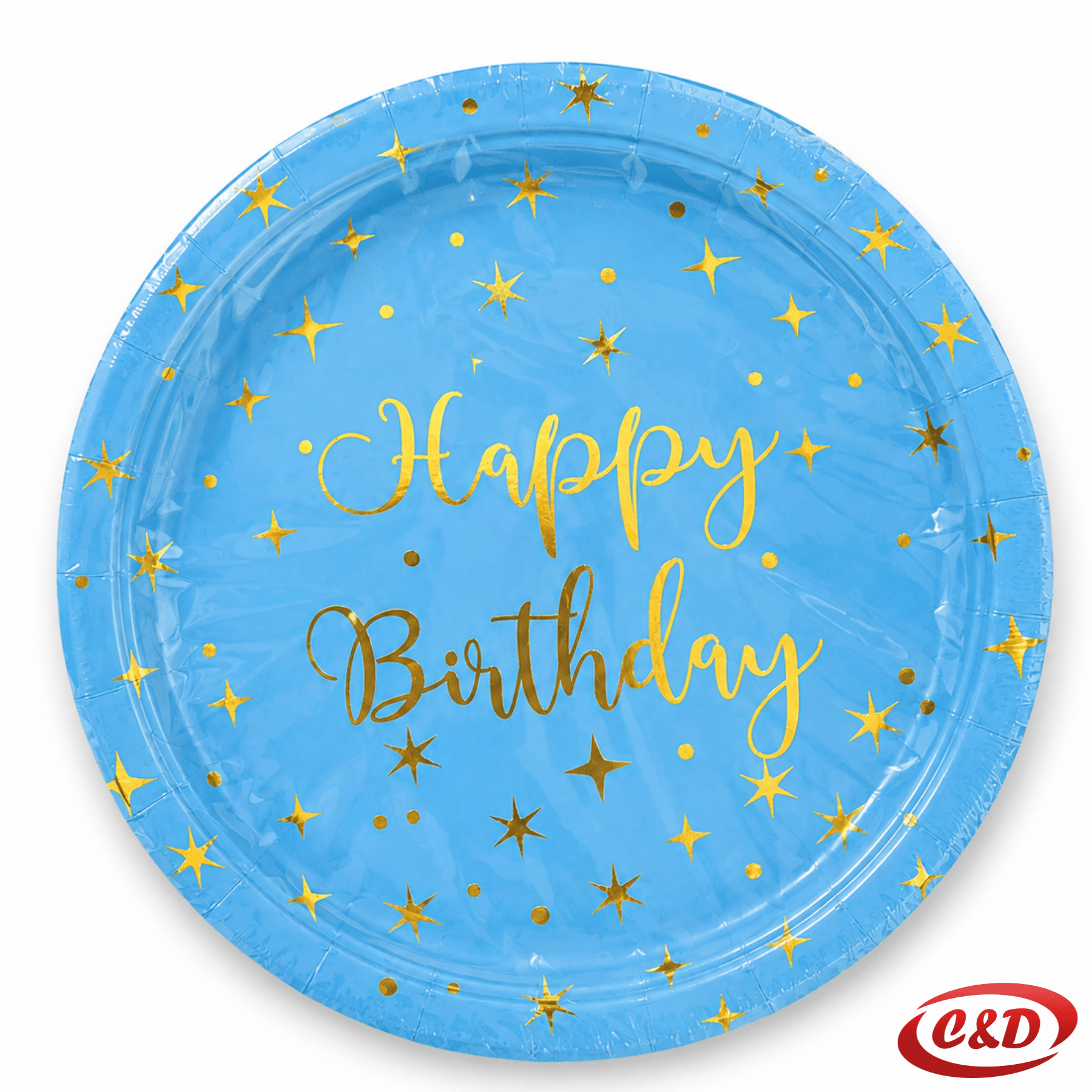 Plavi papirnati tanjuri sa zlatnim natpisom Happy Birthday, promjera 23 cm