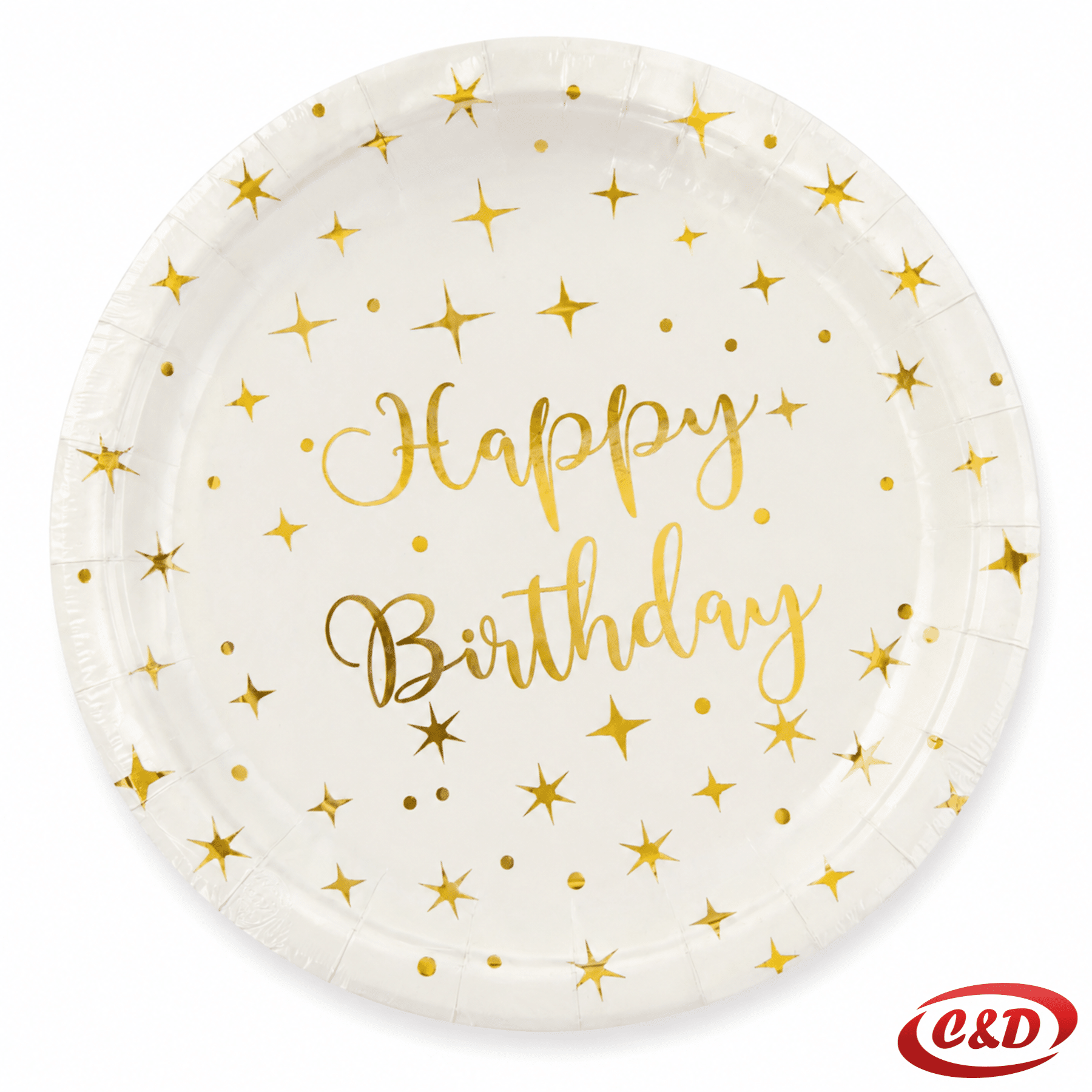 Bijeli papirnati tanjuri sa zlatnim natpisom Happy Birthday, promjera 23 cm