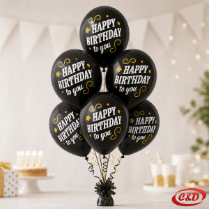 Set od šest crno-bijelih latex balona s natpisom Happy Birthday promjera 30 cm