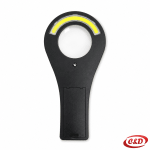 Crna LED lupa od plastike i stakla dimenzija 12 × 6 cm s napajanjem na 2 CR2032 baterije