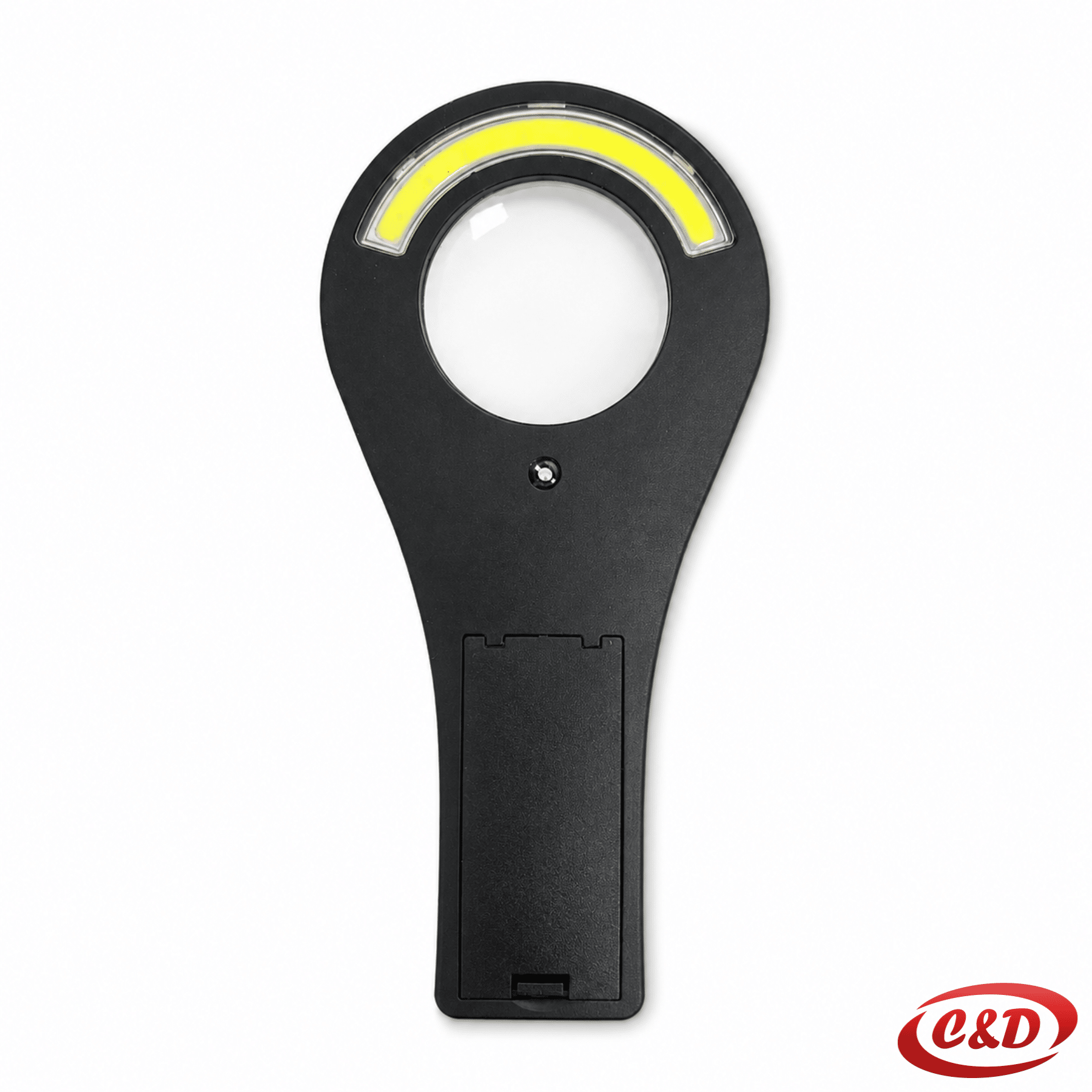 Crna LED lupa od plastike i stakla dimenzija 12 × 6 cm s napajanjem na 2 CR2032 baterije