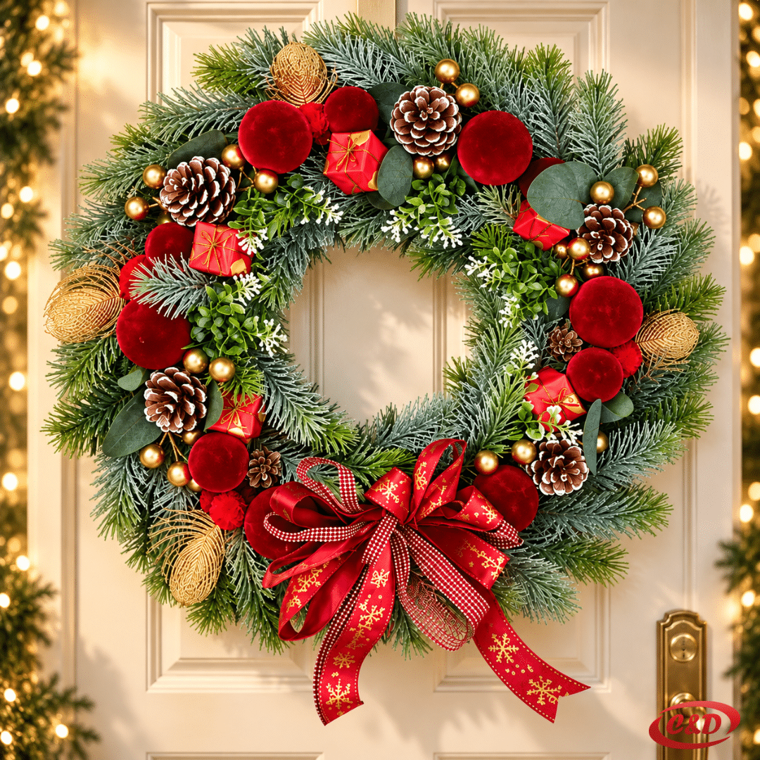 Vijenac za vrata s crvenom mašnom Merry Christmas, plišanim kuglama, šišarkama i zlatnim detaljima