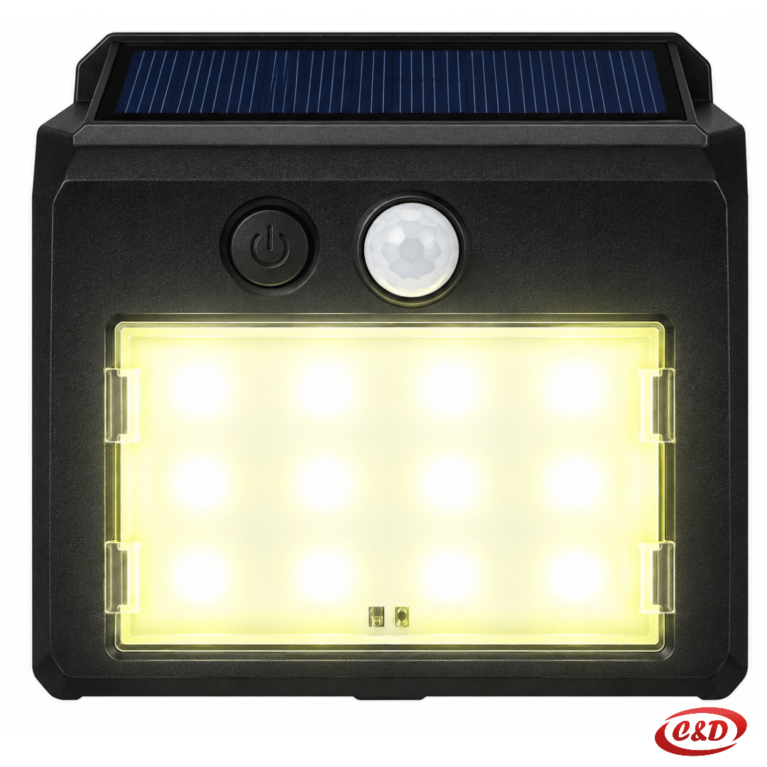 Crna solarna LED zidna lampa s toplim bijelim svjetlom i senzorom pokreta