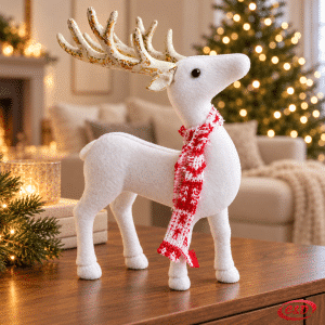 Bijeli dekorativni jelen s crvenim šalom i bijelim rogovima sa zlatnim detaljima