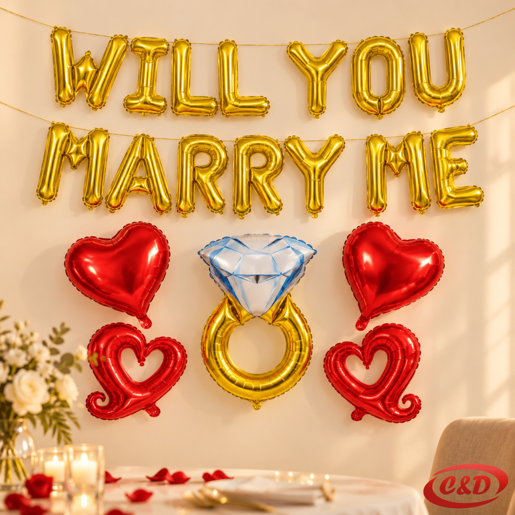 Balon set Will You Marry Me sa zlatnim natpisom, crvenim srcima i folijskim prstenom