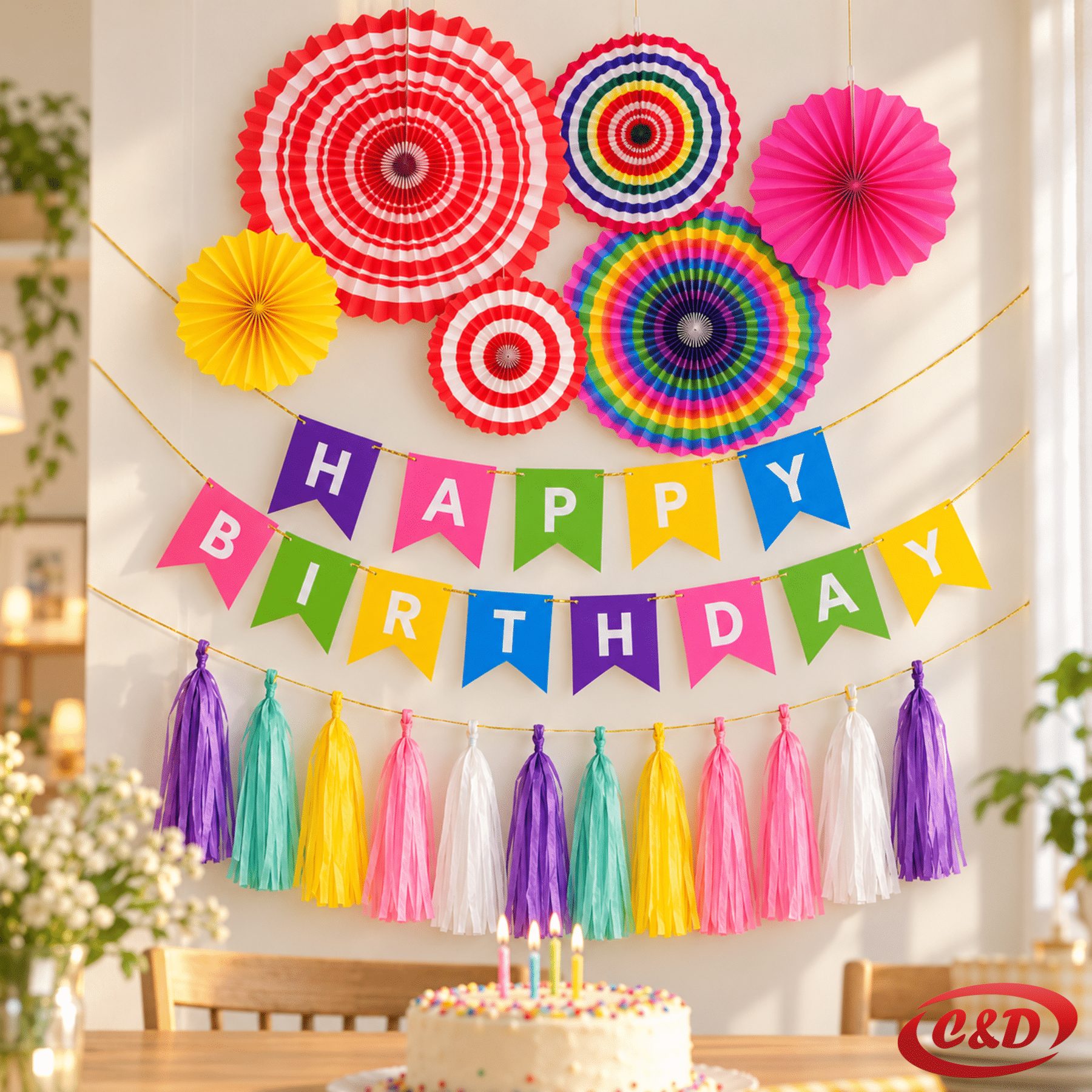 Uradi sam set za rođendan sa šarenim lepezama, party resama i Happy Birthday natpisom
