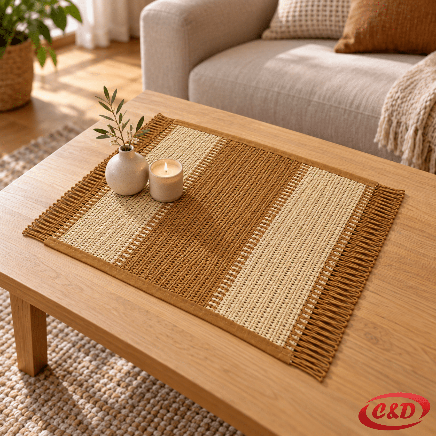 Smeđe-bež pleteni podmetač od jute 45 × 30 cm s resama