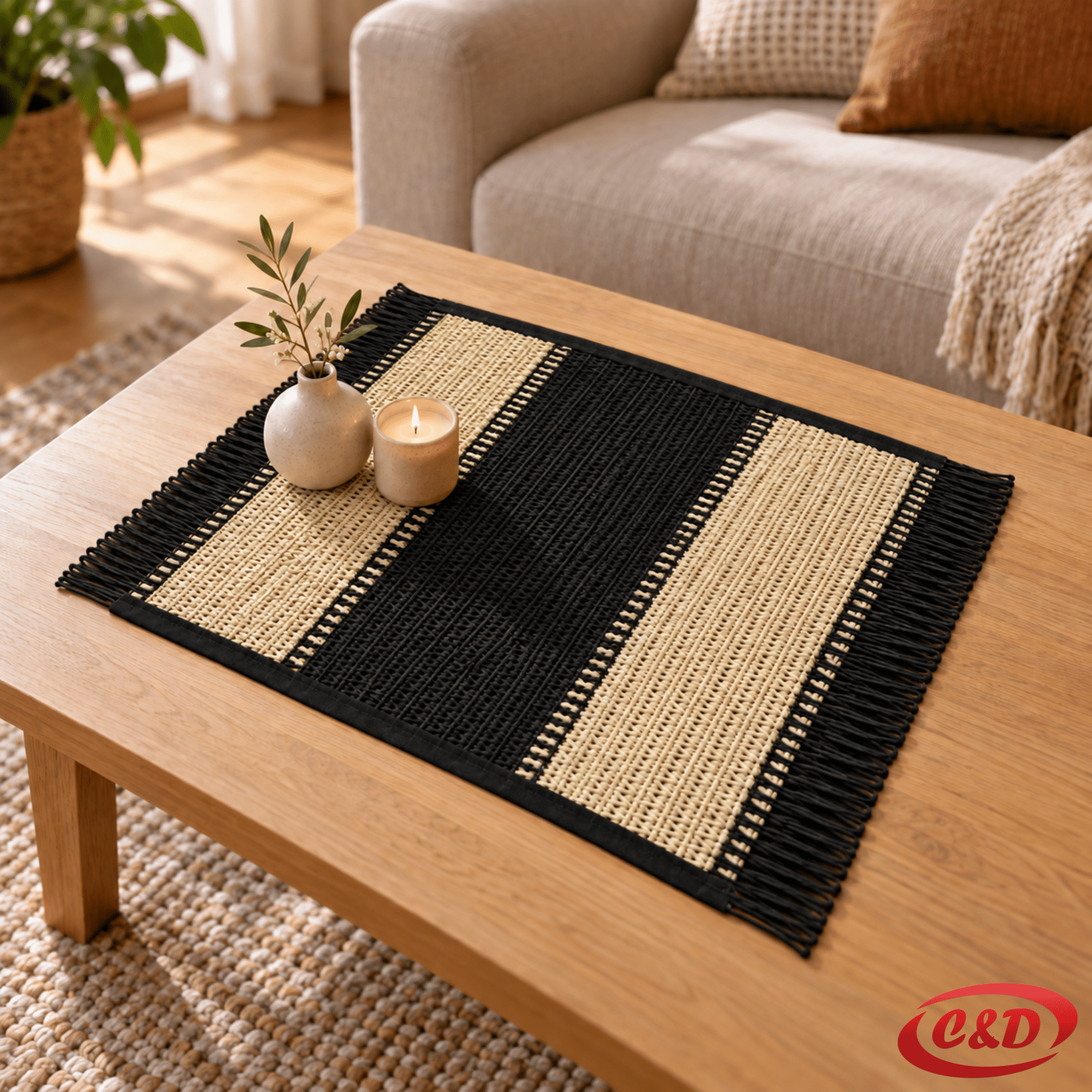 Zeleno-smeđi pleteni podmetač od jute 45 × 30 cm s resama