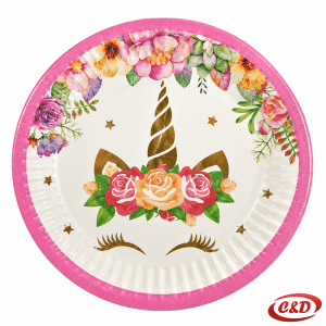 Bijelo-roza-zlatni papirni tanjuri Unicorn 10/1 promjera 18 cm