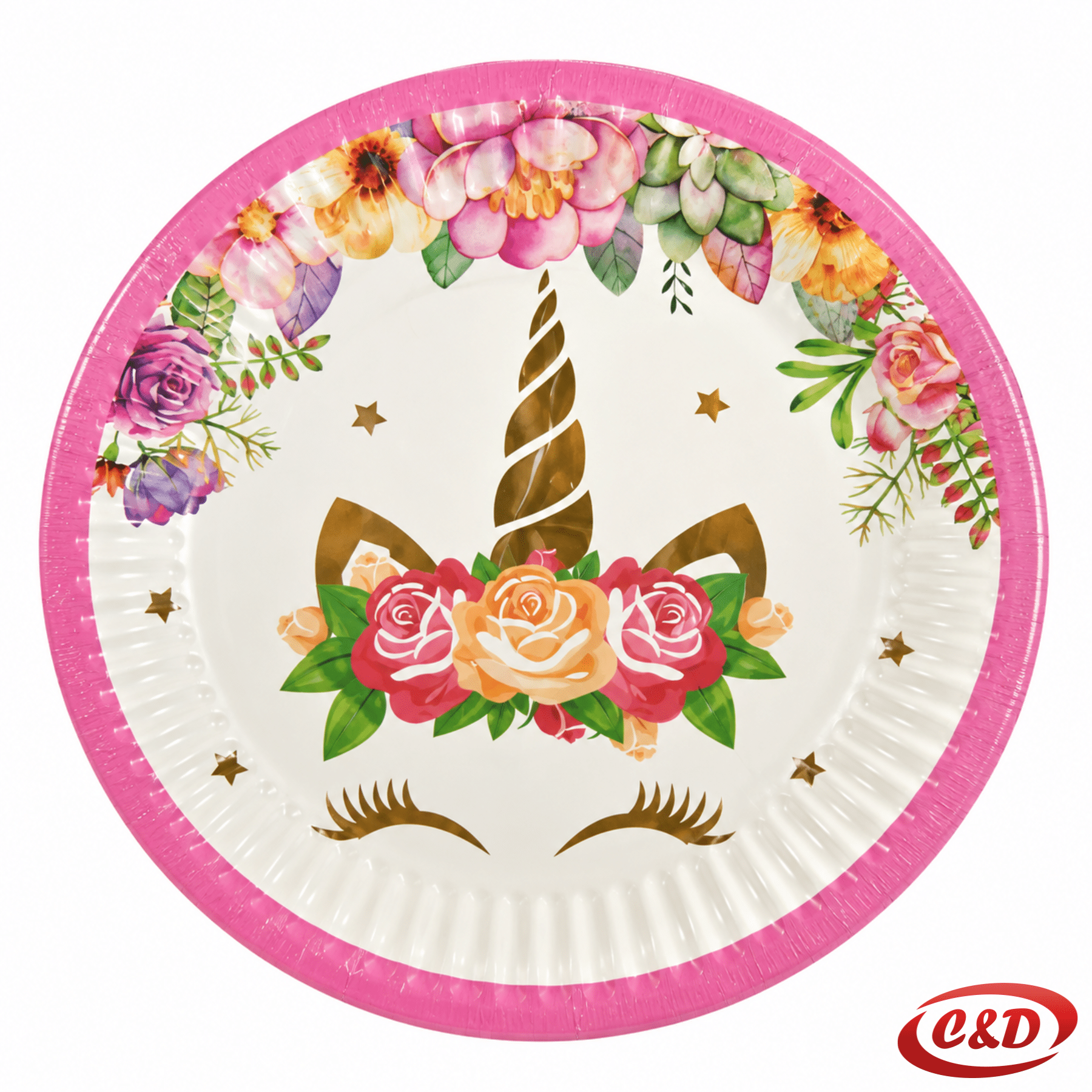 Bijelo-roza-zlatni papirni tanjuri Unicorn 10/1 promjera 18 cm