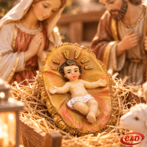 Keramička figura mali Isus za božićne jaslice dužine 6 cm i širine 4 cm u narančastoj i bež boji