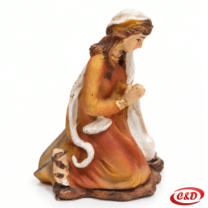 Keramička figura Blažene Djevice Marije za božićne jaslice visine 6 cm u narančastoj i bijeloj boji sa sklopljenim rukama