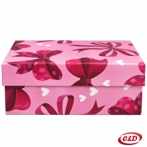 Roza ukrasna kartonska kutija s crvenim mašnicama i bijelim srcima dimenzija 27 × 20 × 11,5 cm