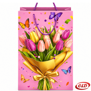 Roza ukrasna papirna vrećica s motivom buketa cvijeća i leptira dimenzija 41 × 31 × 12 cm